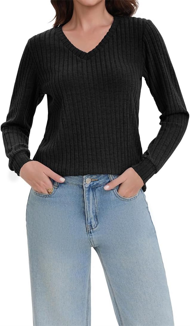 Detalle 2 de Haslike geribbelde damest-shirt met lange mouwen en V-hals
