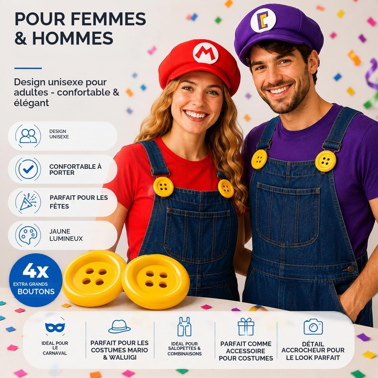 Detalle de FASCHINFEVER extra grote gele knopen, geïnspireerd door Mario en Waluigi