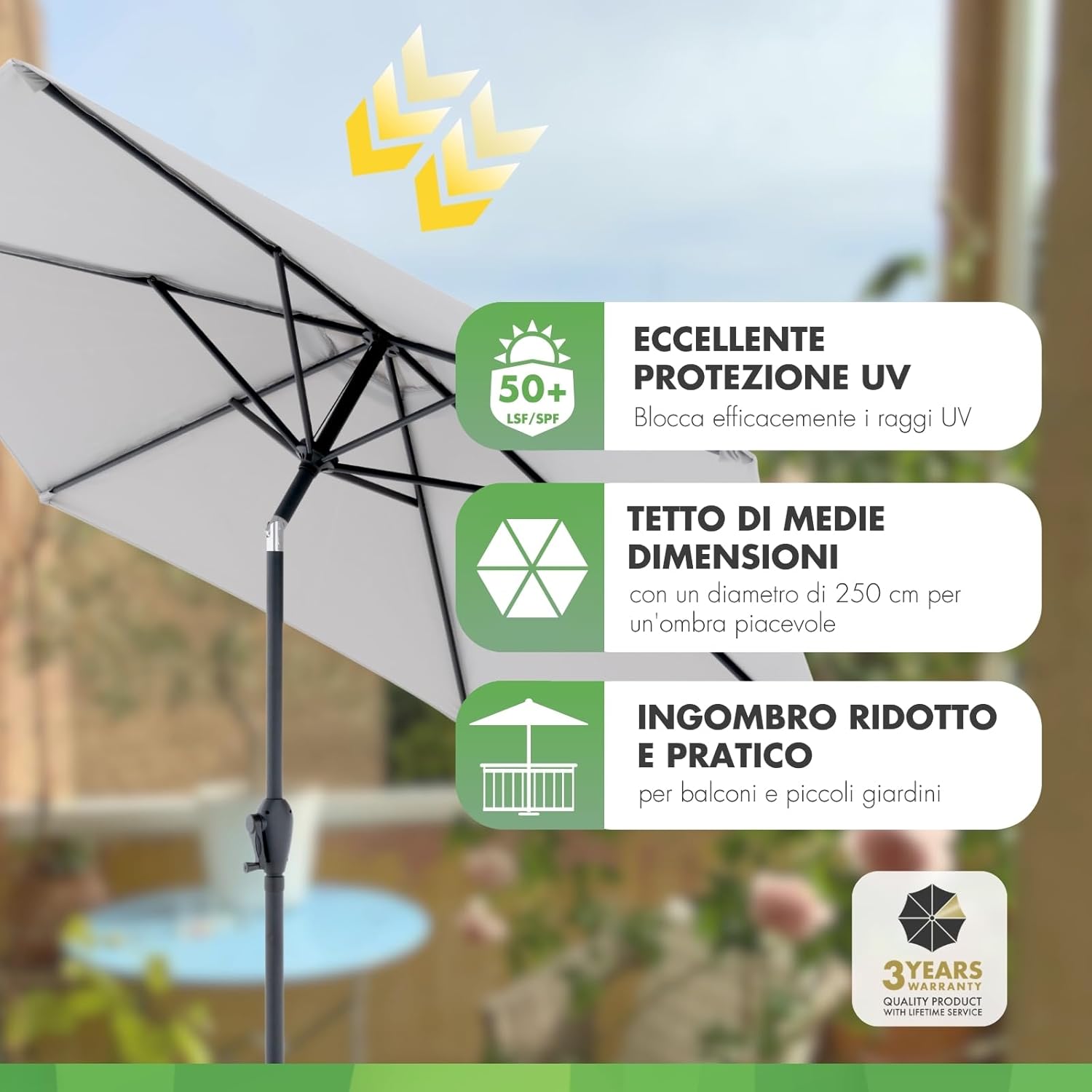 Thumbnail 1 de Doppler Parasole Jack 250cm grigio chiaro – ombrellone con manovella, inclinabile per balcone e giardino