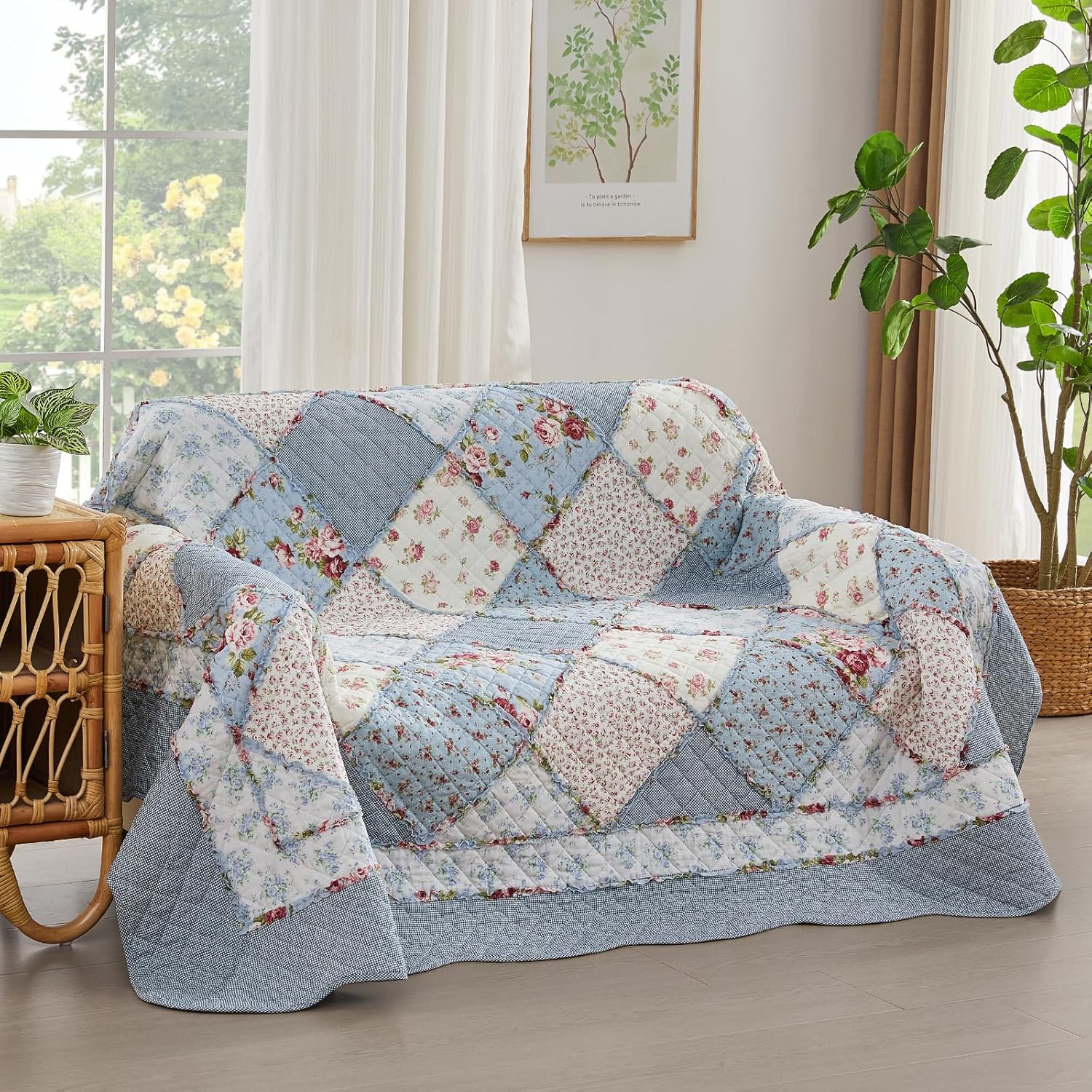 Detalle de Qucover Single Bedspread Quilted Soft Cotton Blue Floral Patchwork