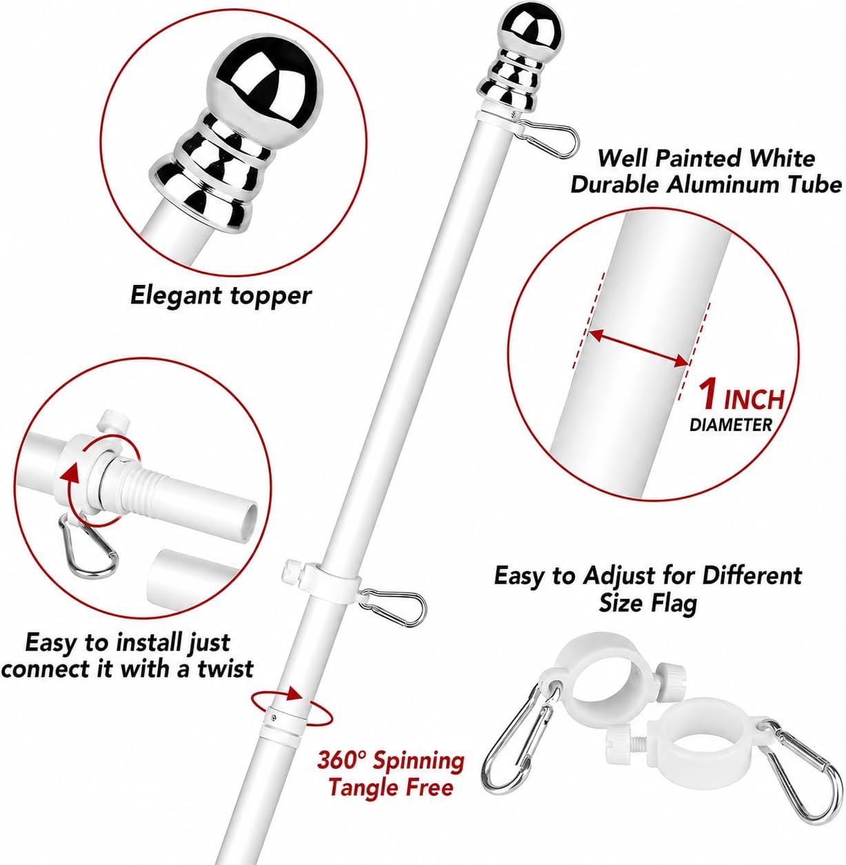 Thumbnail 1 de HOOPLE White Flag Pole-1 6 ft Aluminum Spinning Flagpole with Rotating Rings