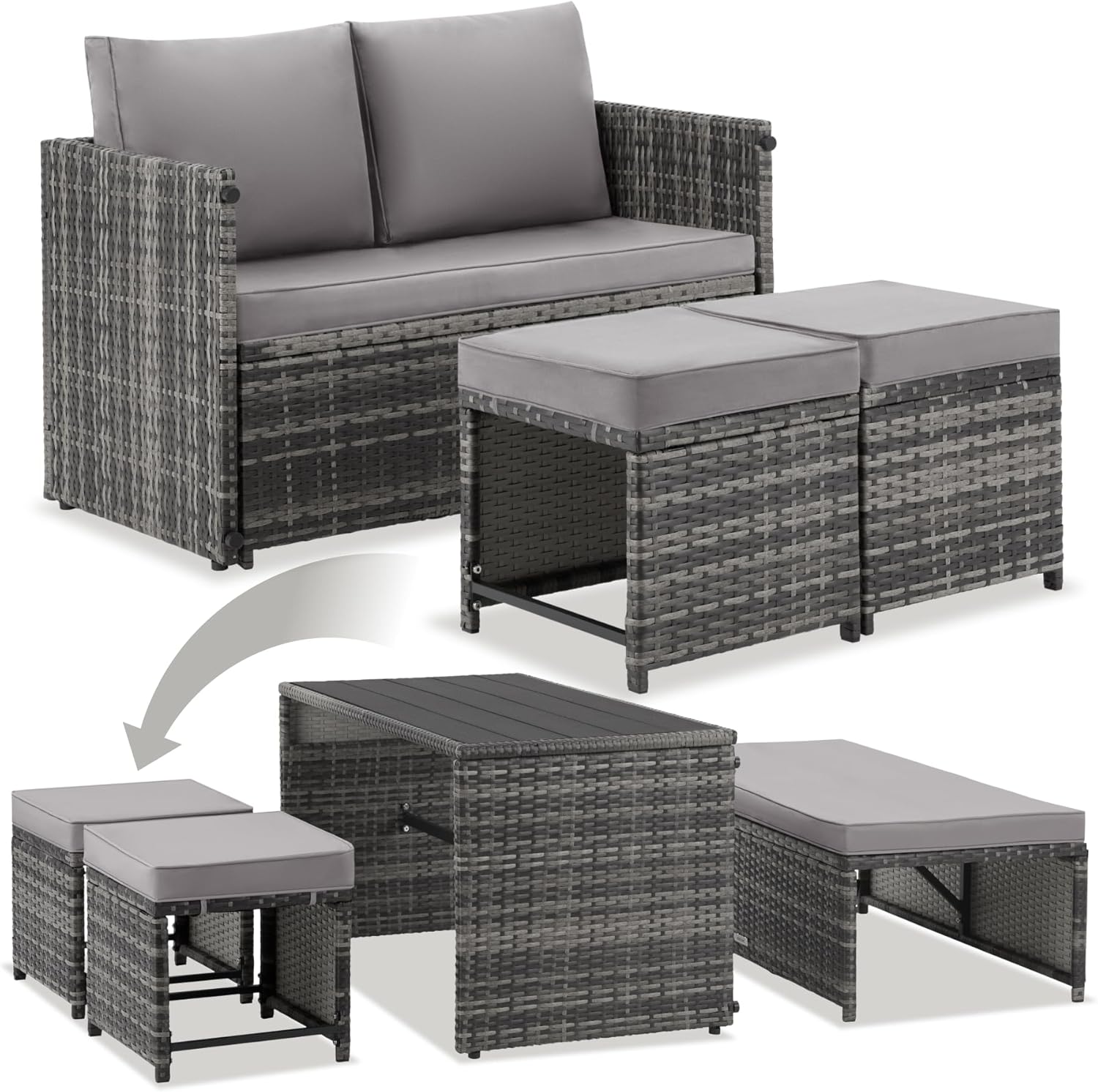 TecTake 2in1 Rattanlounge für 4 Personen – Set mit Tisch, grau
