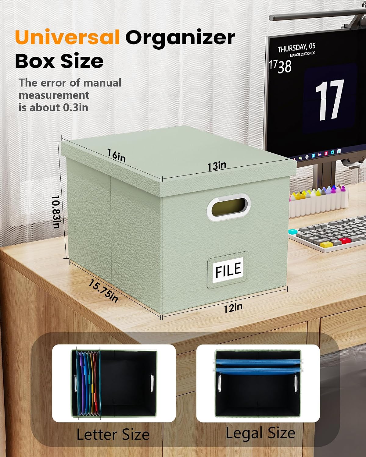 Detalle de Oterri AM03118 File Organizer Box for Letter/Legal Files, Foldable with Flip-Top Lid