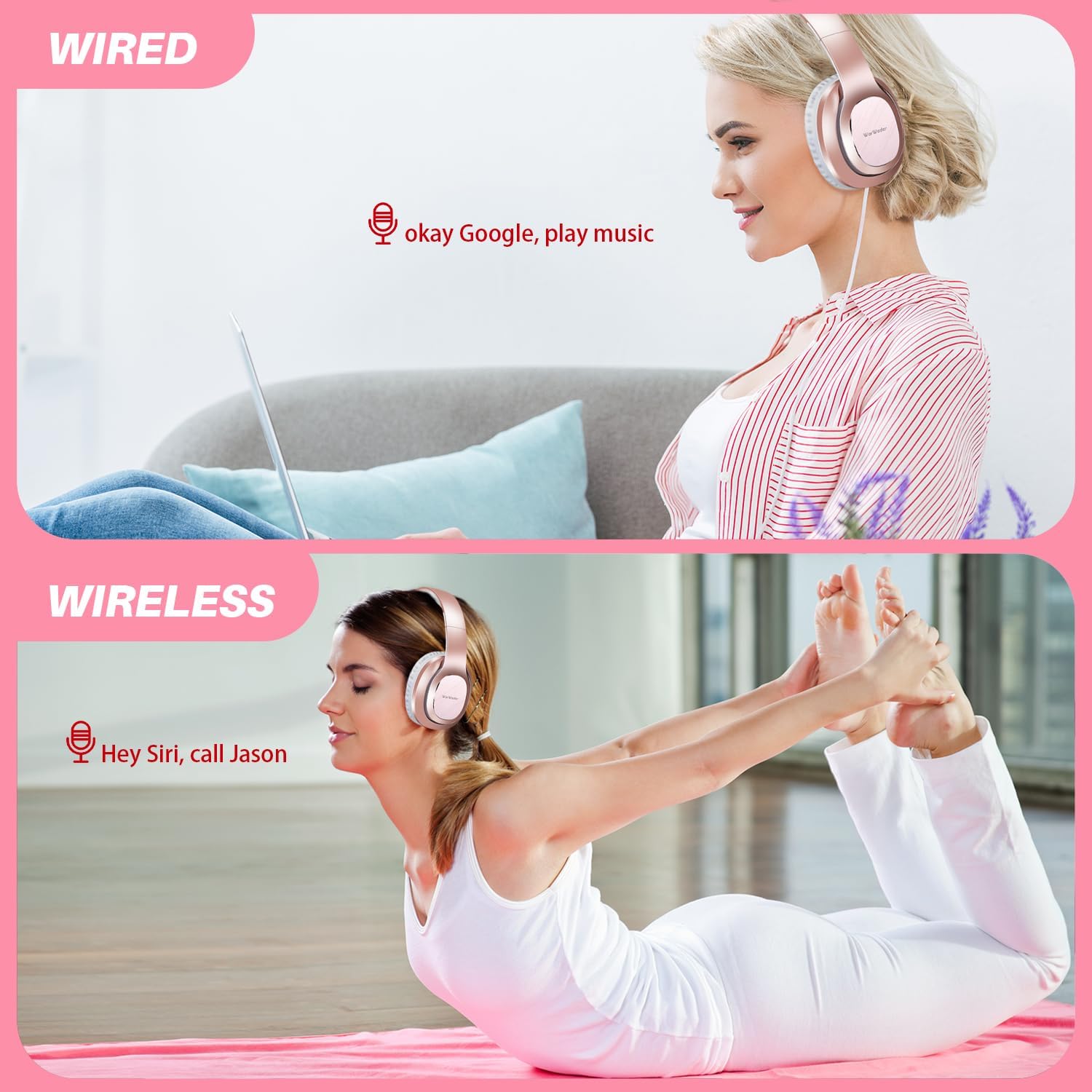 Detalle de WorWoder W-915 wireless over-ear headphones with 80 hours playtime and microphone (Rose Gold)