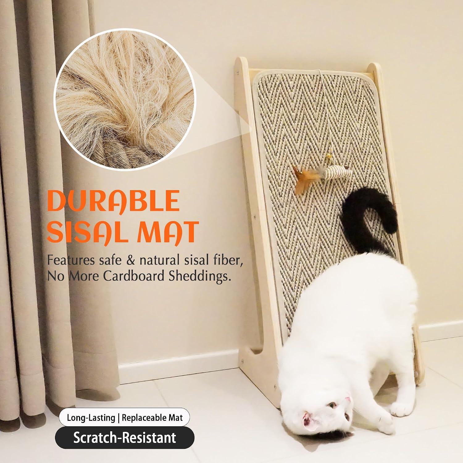 Detalle de PETKARAY Cat Scratcher: Sisal Ramp, 27" L-Shape Wall Protection and Mouse Toy
