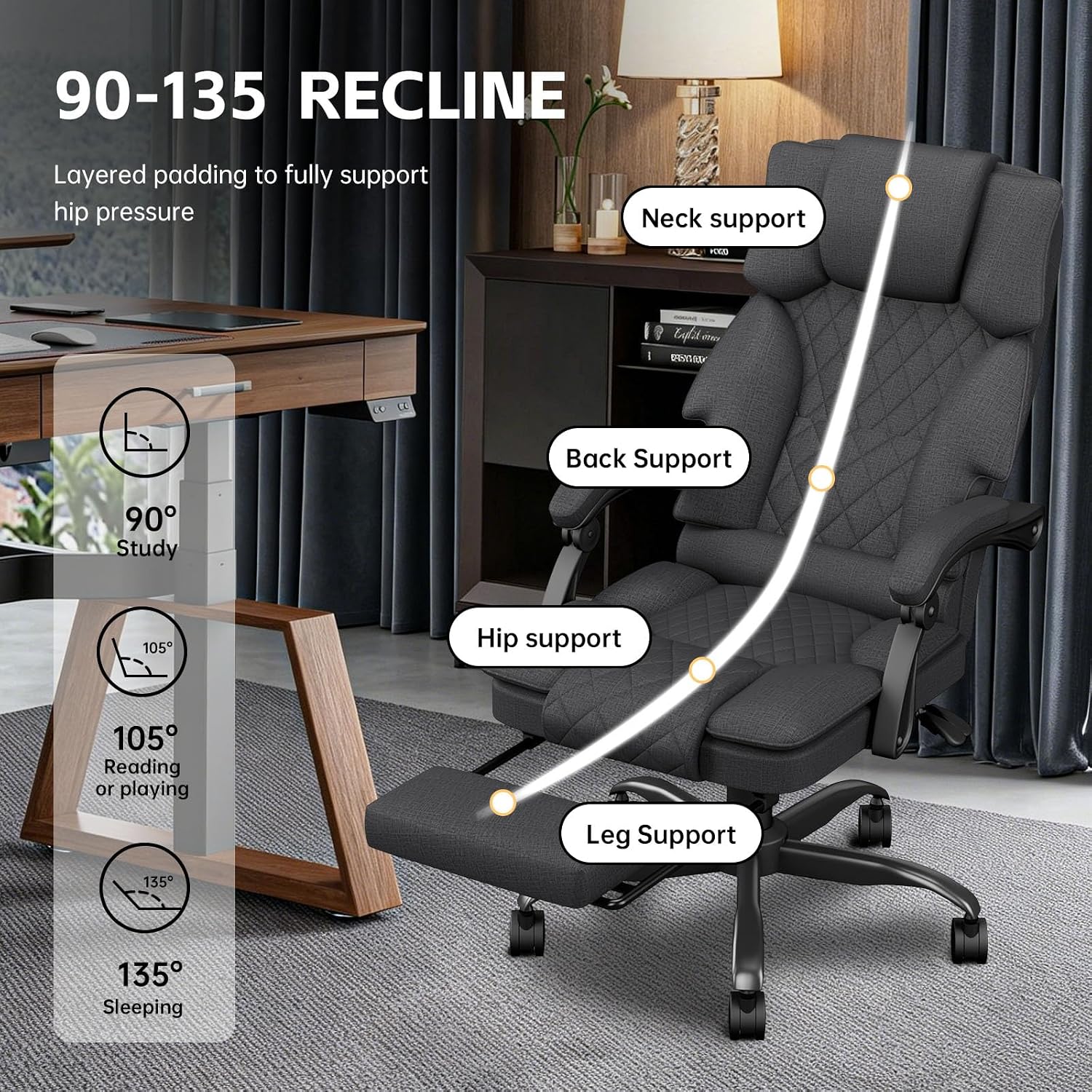 Detalle 2 de Submi SU101-Deep Grey-CA Ergonomic Office Chair with Wide Fabric Seat and Footrest
