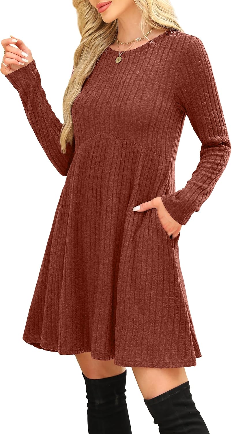 Detalle 2 de OFEEFAN Long Sleeve Dress for Women with Pockets, Crew Neck Empire Waist