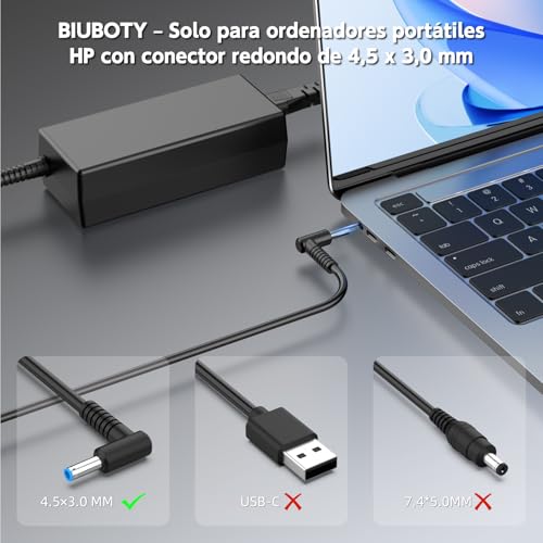 Detalle 2 de BIUBOTY cargador para portátil HP de 45 W, 19,5 V y conector 4,5 × 3,0 mm