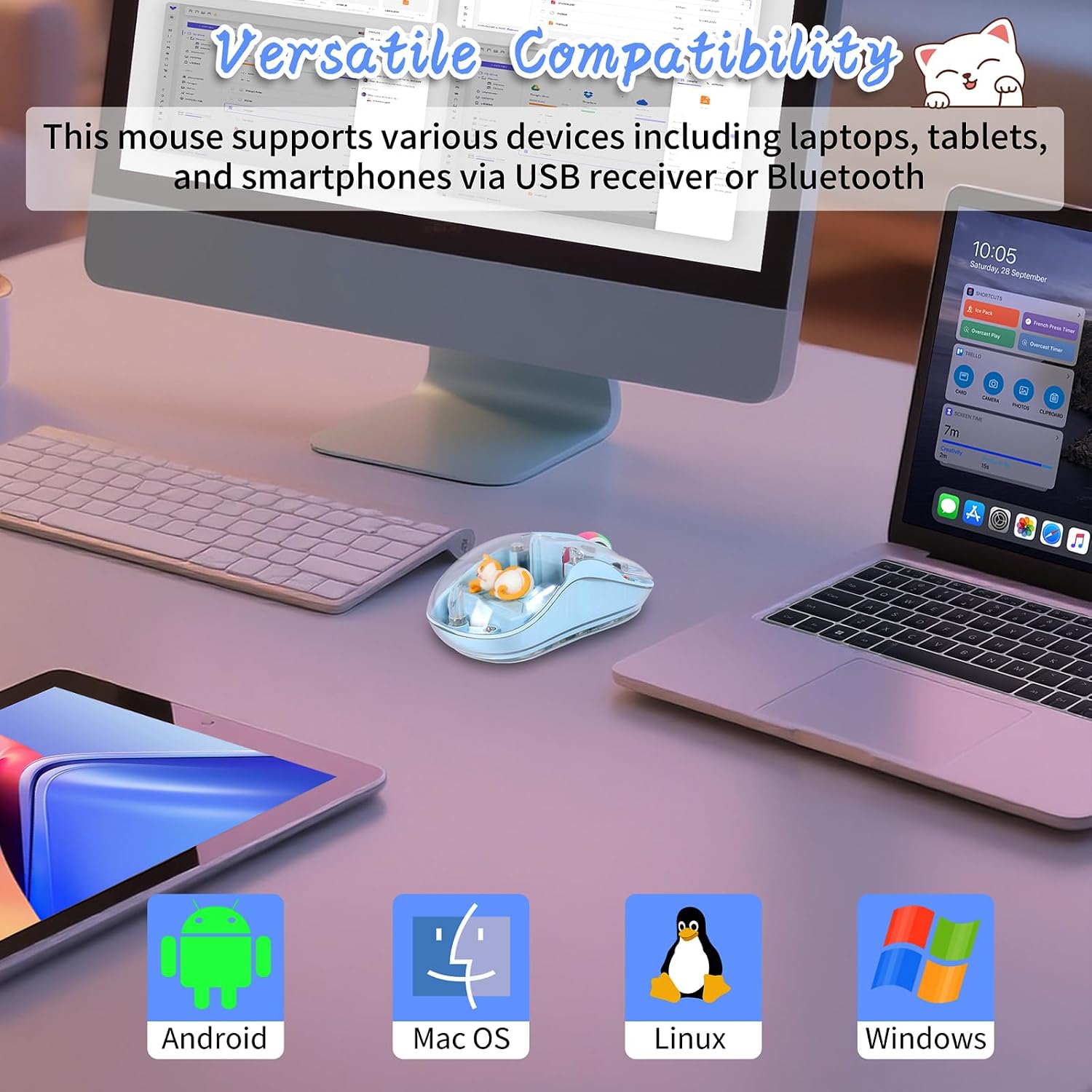 Detalle 2 de elec Space Cute Wireless Mouse, Bluetooth, USB-C Rechargeable, Silent, Blue