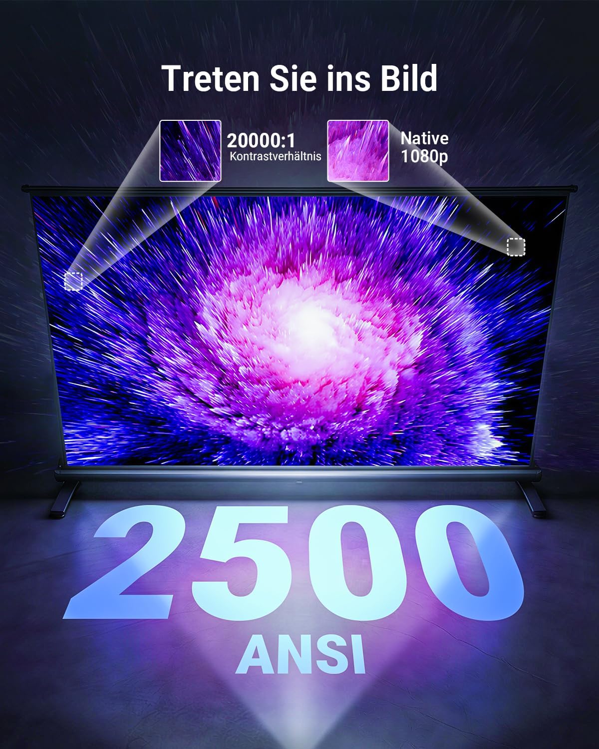Detalle de Smart Beamer 4K Heimkino mit Google TV – Autofokus, 2500 ANSI, WiFi 6, 360° Stativ, Auto-Objektivabdeckung