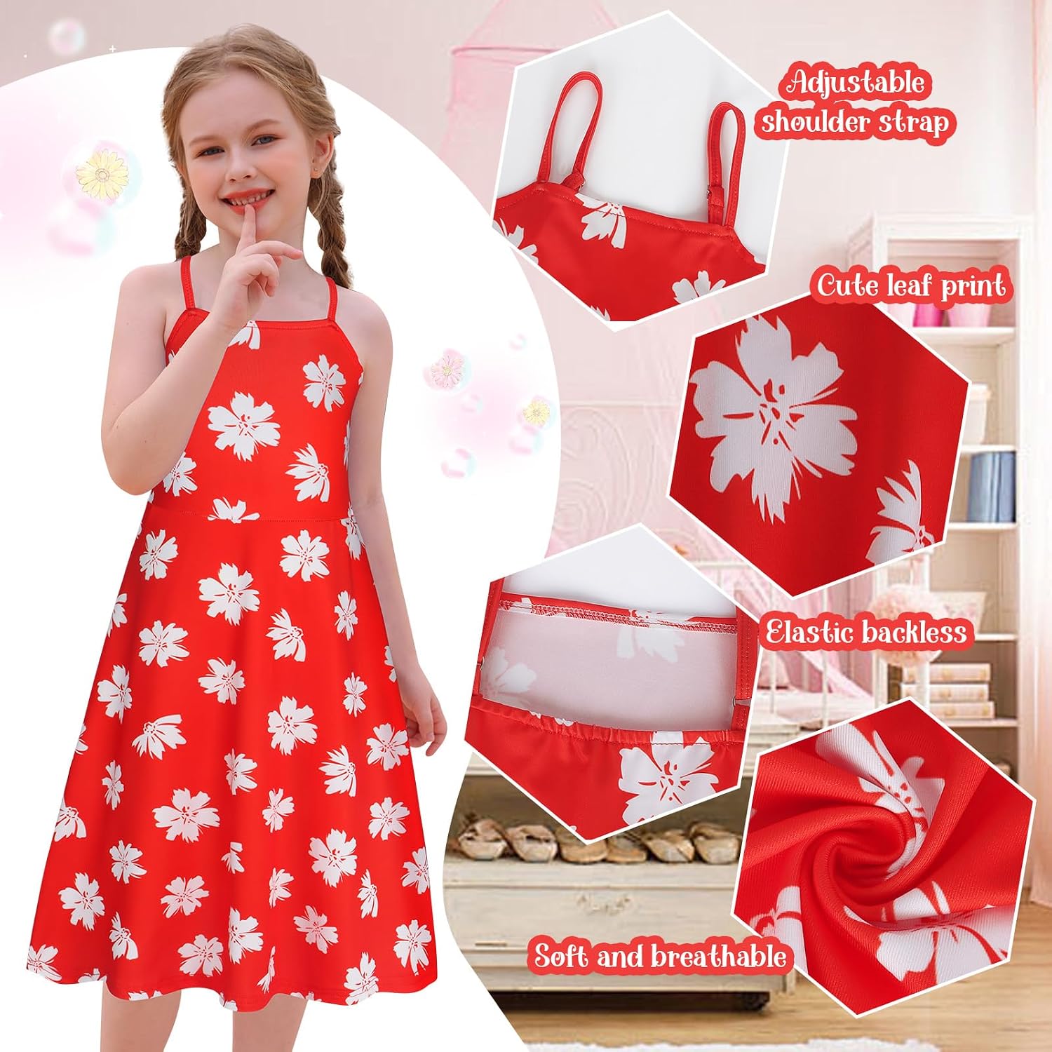 Detalle 2 de Benylion beach dress Girls' Red Leaf Hawaiian Dress with Adjustable Straps