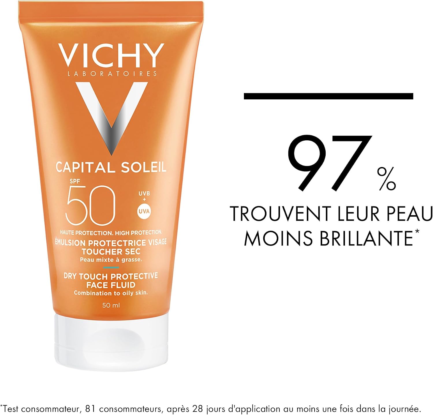 Detalle de Vichy Capital Soleil Émulsion Toucher Sec SPF 50 – Crème Matifiante pour Peaux Mixtes à Graisses