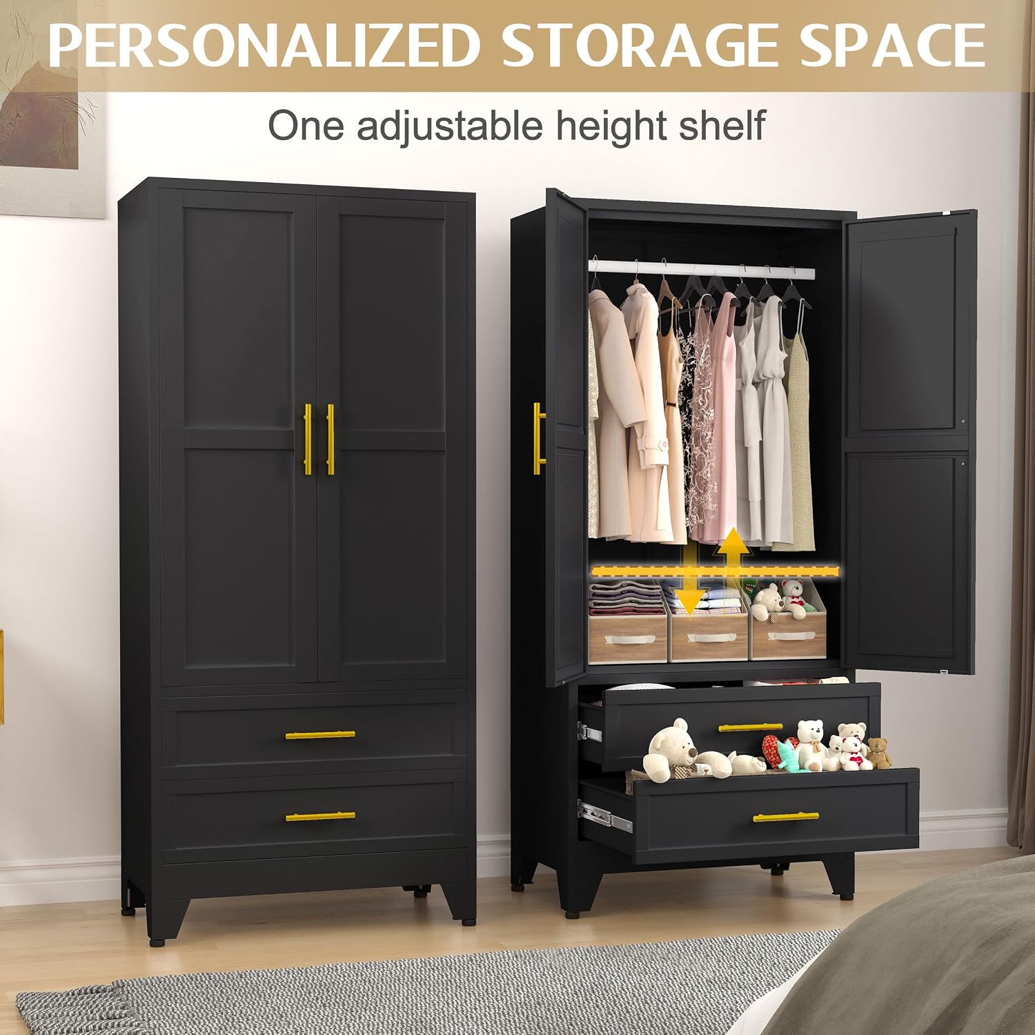 Detalle de GAIOUS Tall 2Drawer B Metal Wardrobe Cabinet with Hanging Rod and 2 Drawers