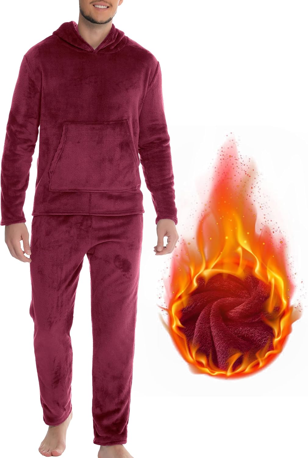 Detalle de Lovasy men’s fleece pyjamas set (2-piece) with fluffy hoodie – warm winter loungewear