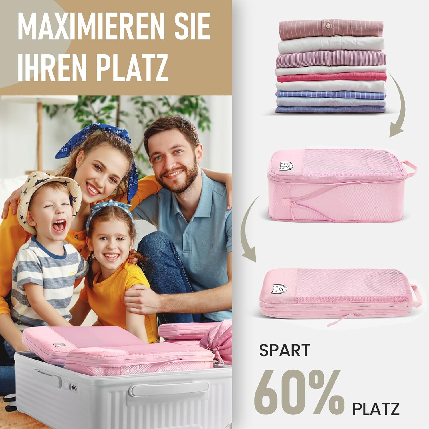Thumbnail 1 de 8‑teilige Compression Packing Cubes von Samfolk – Rosa, Koffer Organizer inkl. 2 Zusatzbeuteln (34×45 cm)