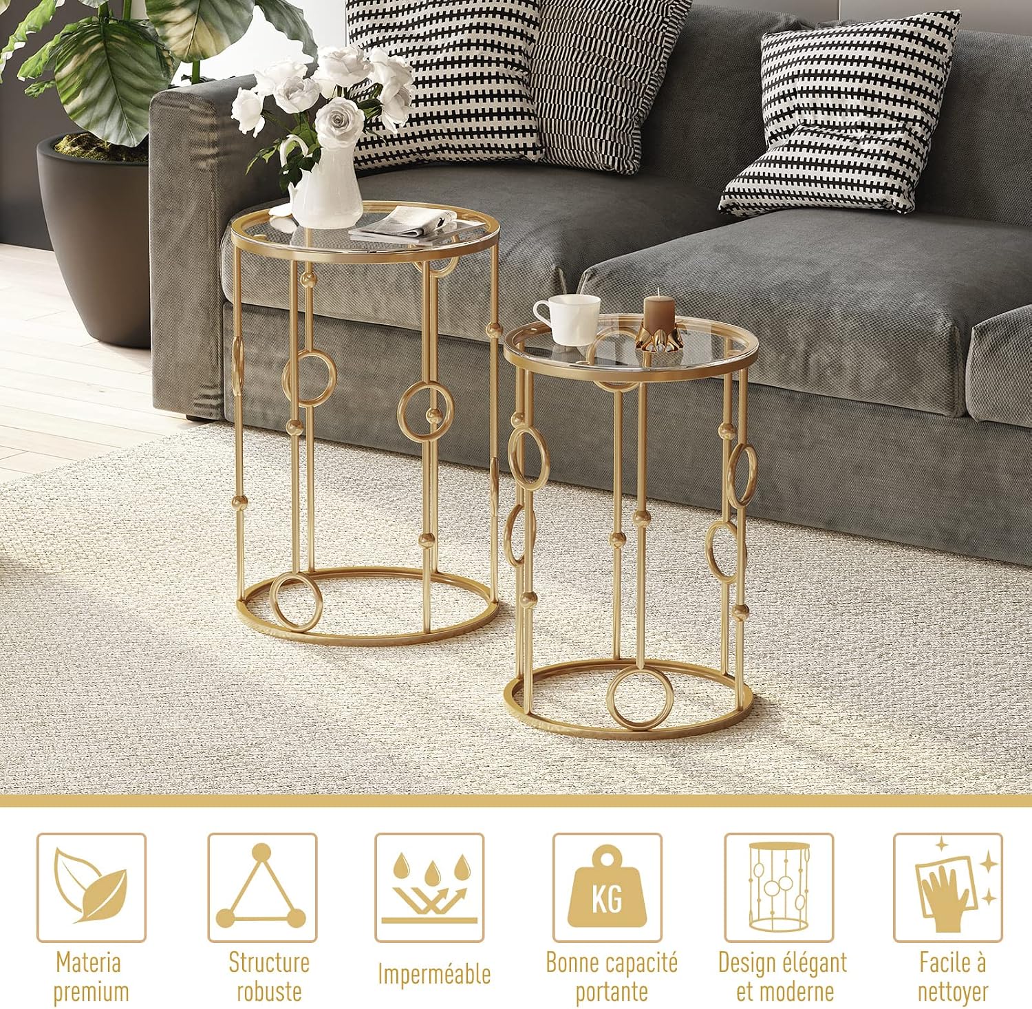 Thumbnail 3 de HOMCOM Tables gigognes art déco Ø41 Ø36 cm