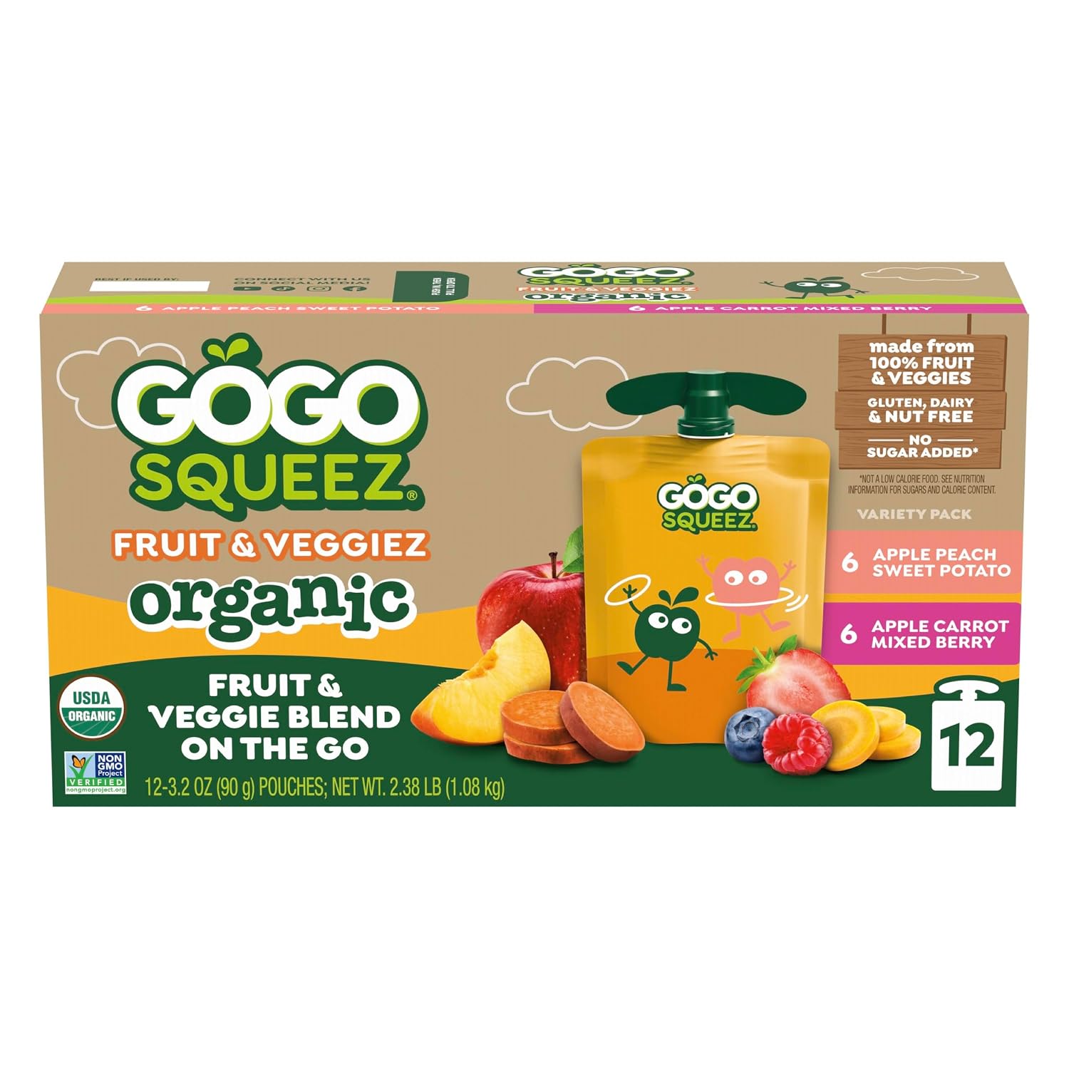 Detalle de GoGo squeeZ 280425 Organic Fruit & VeggieZ Pouches, 12 Count