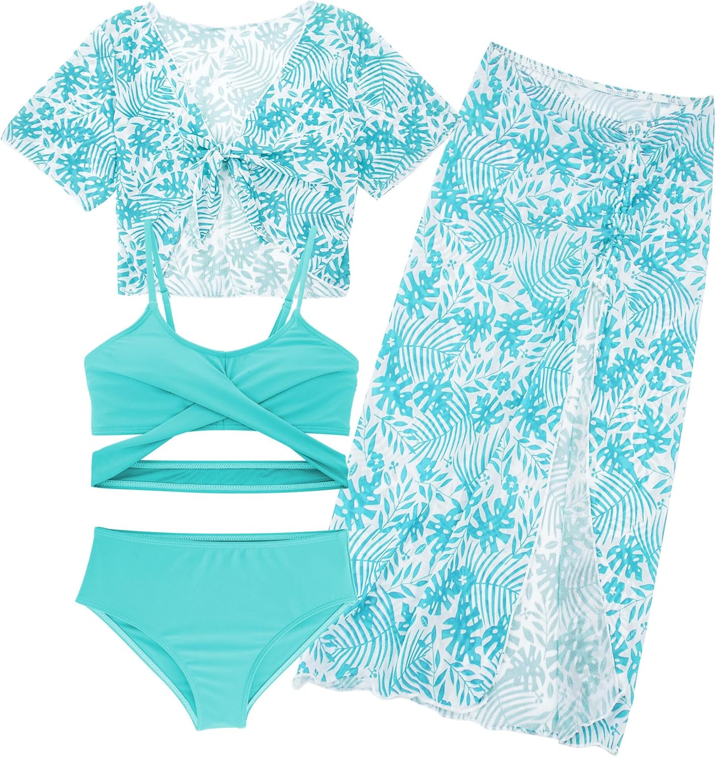 Thumbnail 6 de Happy Cherry Girls 4-Piece Bikini Set with Kimono Cover-Up for Hawaiian Beach