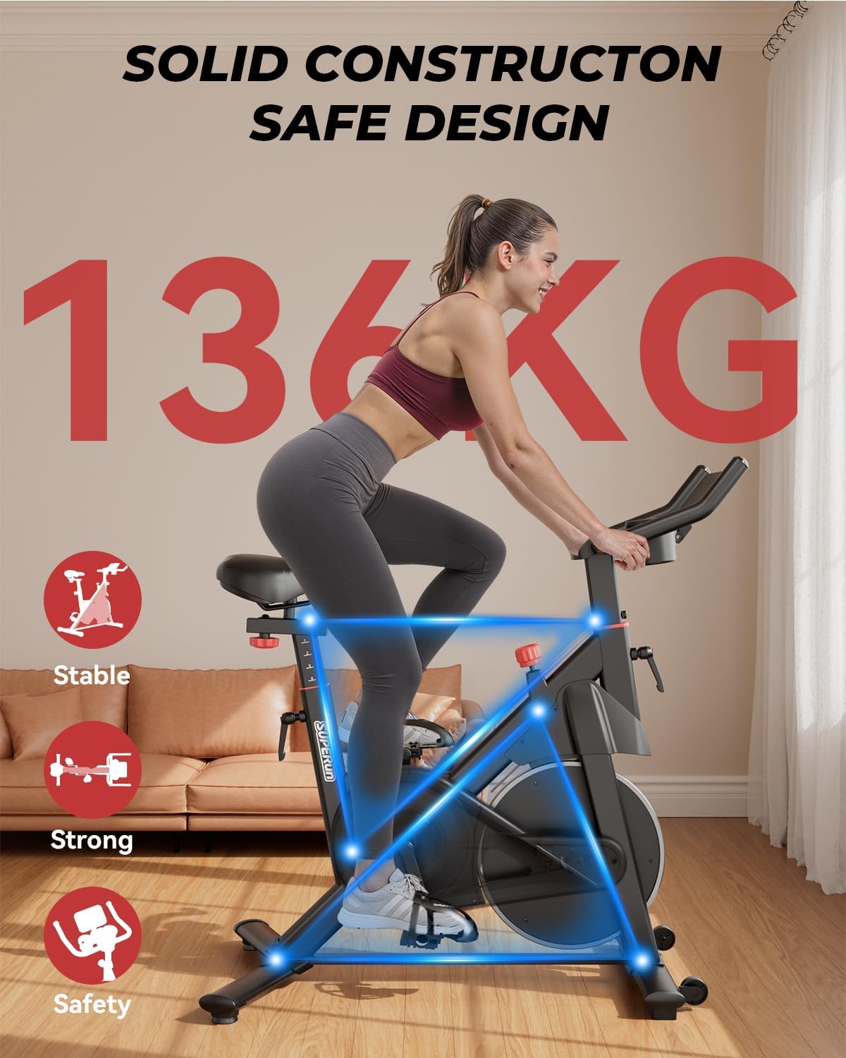 Detalle 2 de Superun exercise bike for home use with adjustable magnetic resistance, LCD display & app