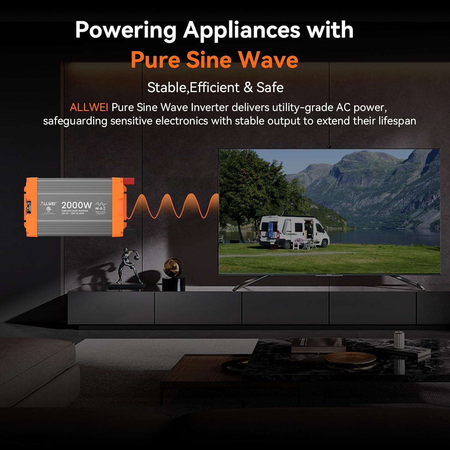 Detalle de ALLWEI 2000W Pure Sine Wave Inverter: 12V DC to 120V AC, 4000W Surge, Remote Control