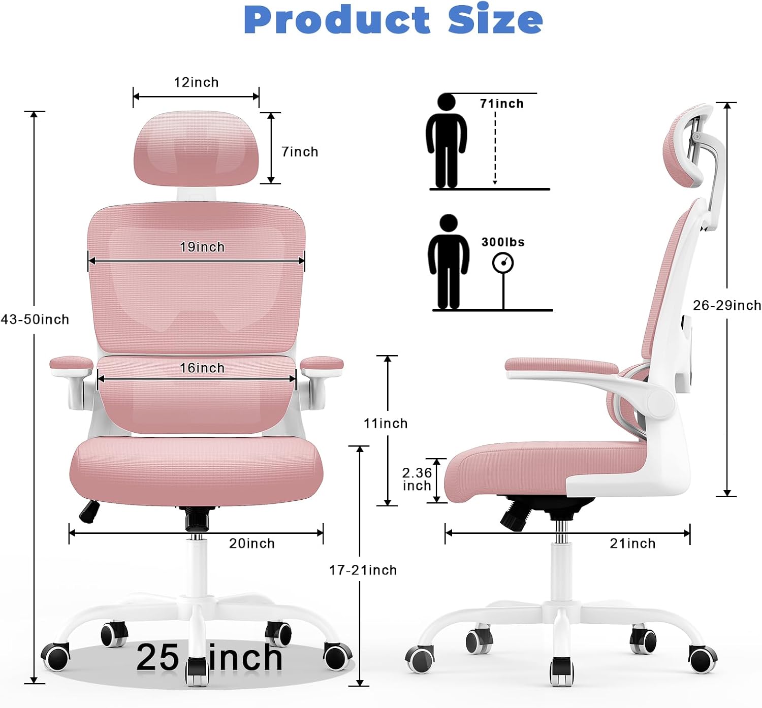 Detalle de naspaluro C020106 High-Back Office Chair, Pink, Adjustable Headrest and Lumbar Support