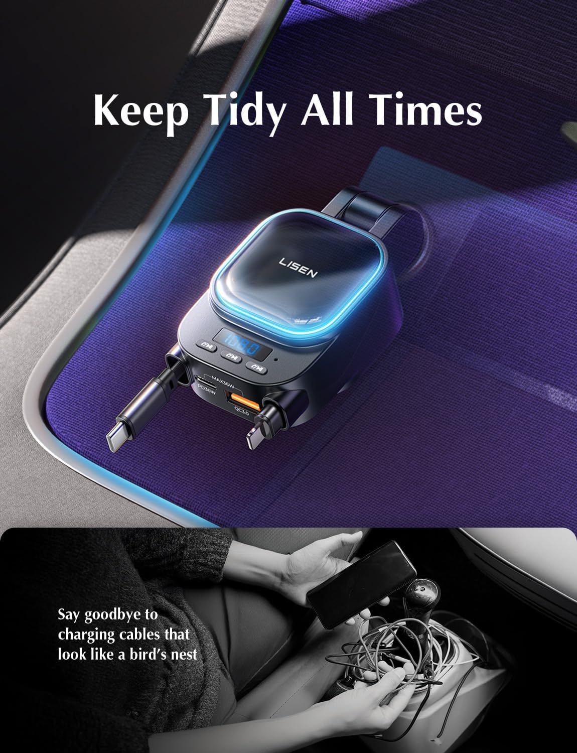 Thumbnail 6 de LISEN Bluetooth 5.3 FM Transmitter Car Adapter 96W Retractable Charger