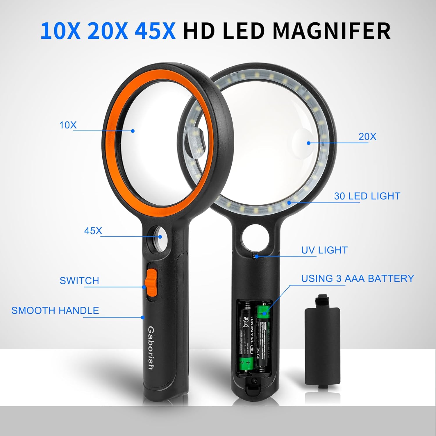 Detalle de GABORISH Lupe mit Licht – 10x/20x/45x Vergrößerung, 30 LED + UV, Leselupe für Senioren (Groß, Orange)