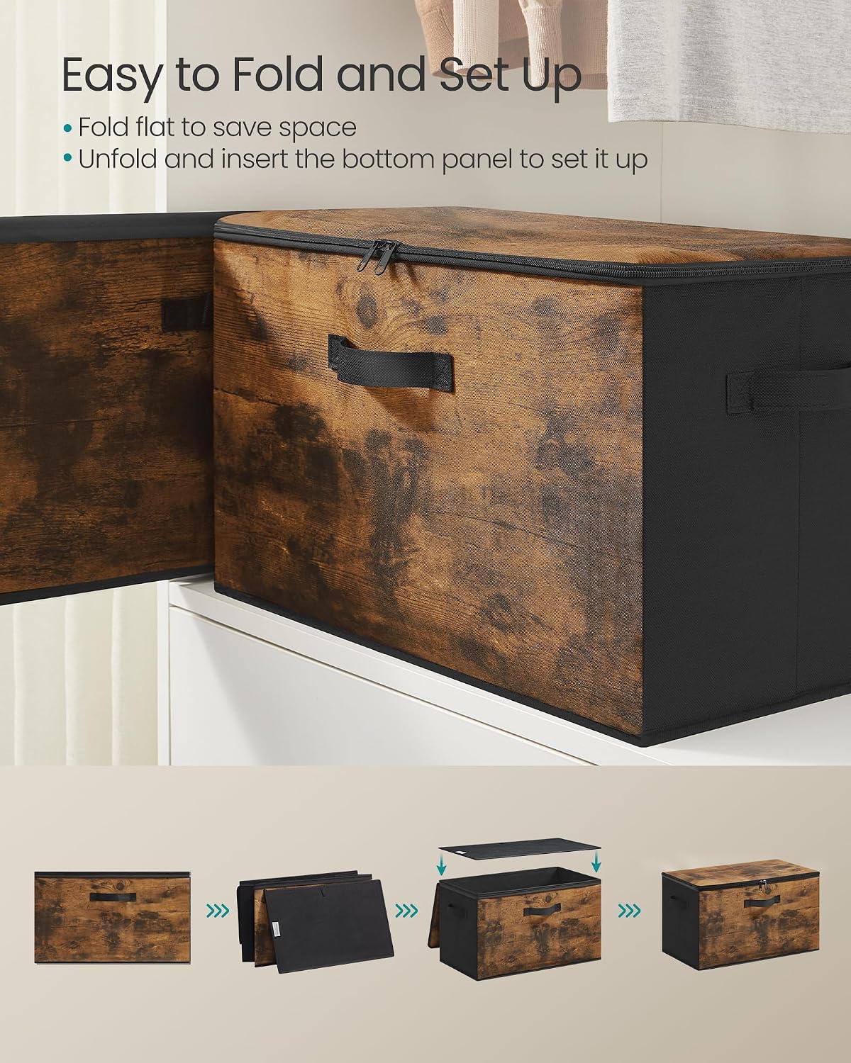 Detalle de SONGMICS RYZ050BH02 Foldable Storage Boxes, Set of 3, 45L, Zip Lids