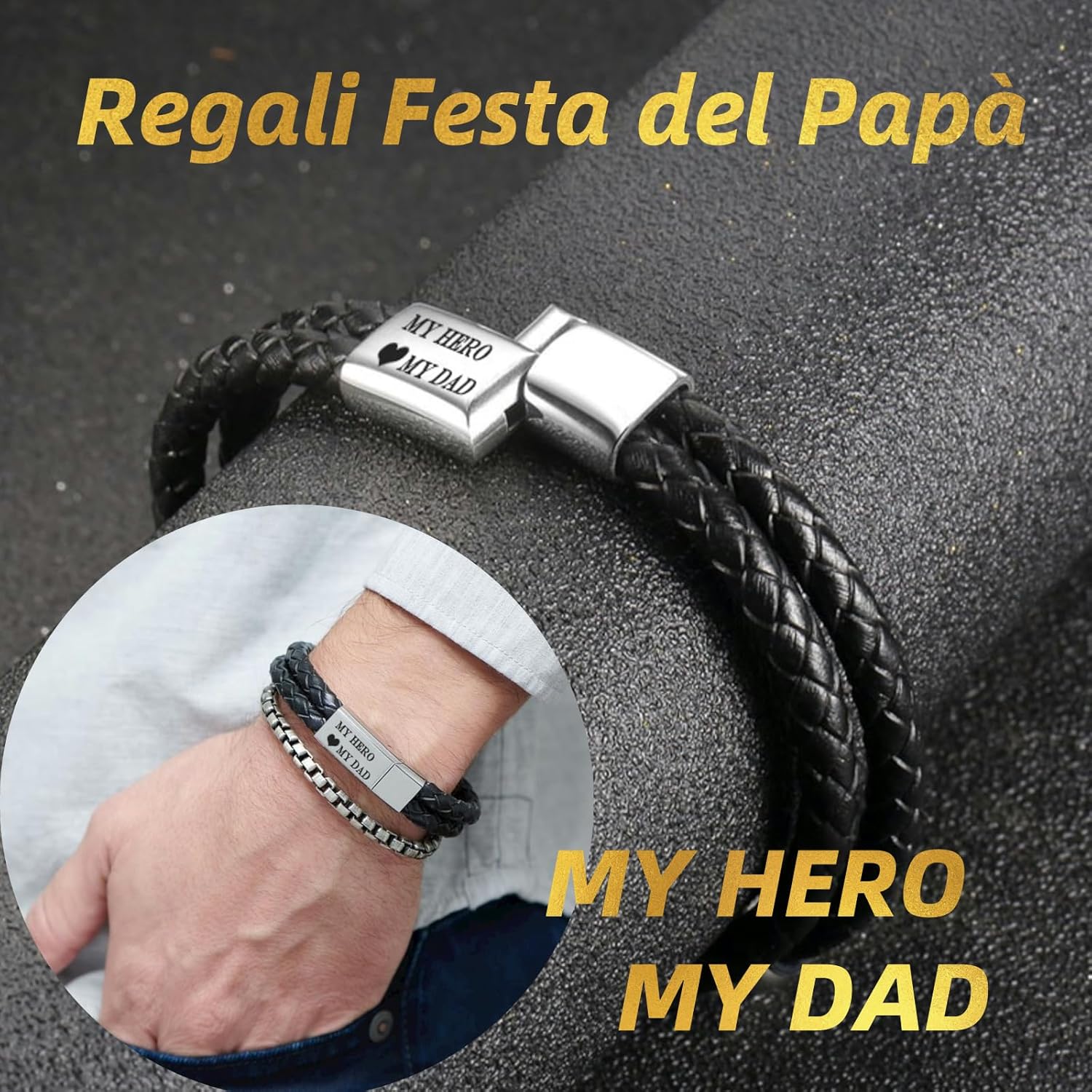 Thumbnail 4 de Jbniuay Vatertagsgeschenk: Lederarmband „Weltbester Papa“ mit Gravur und Perlen