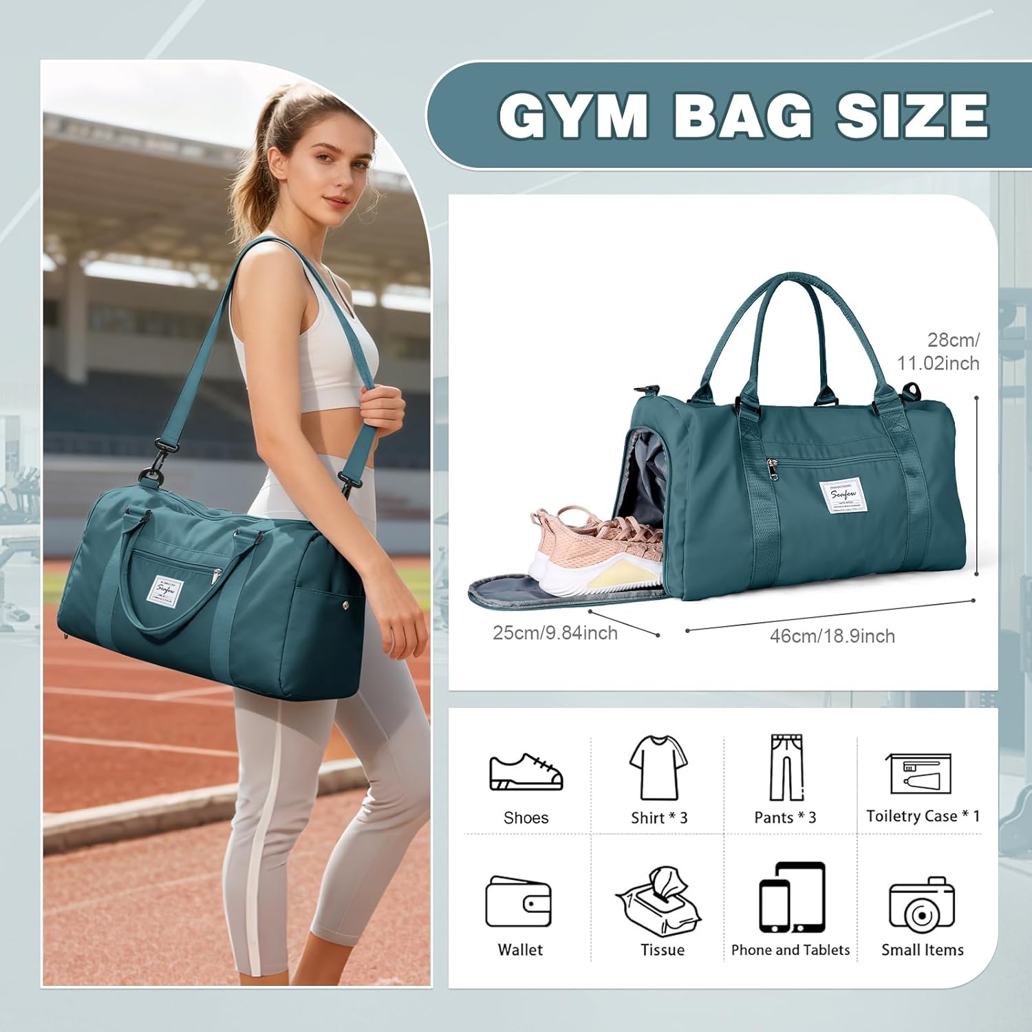 Thumbnail 2 de WEPLAN Sport-Duffelbag mit Schuhfach & Nassfach (A7 Pfauenblau) – Sporttasche für Gym, Training & Reise
