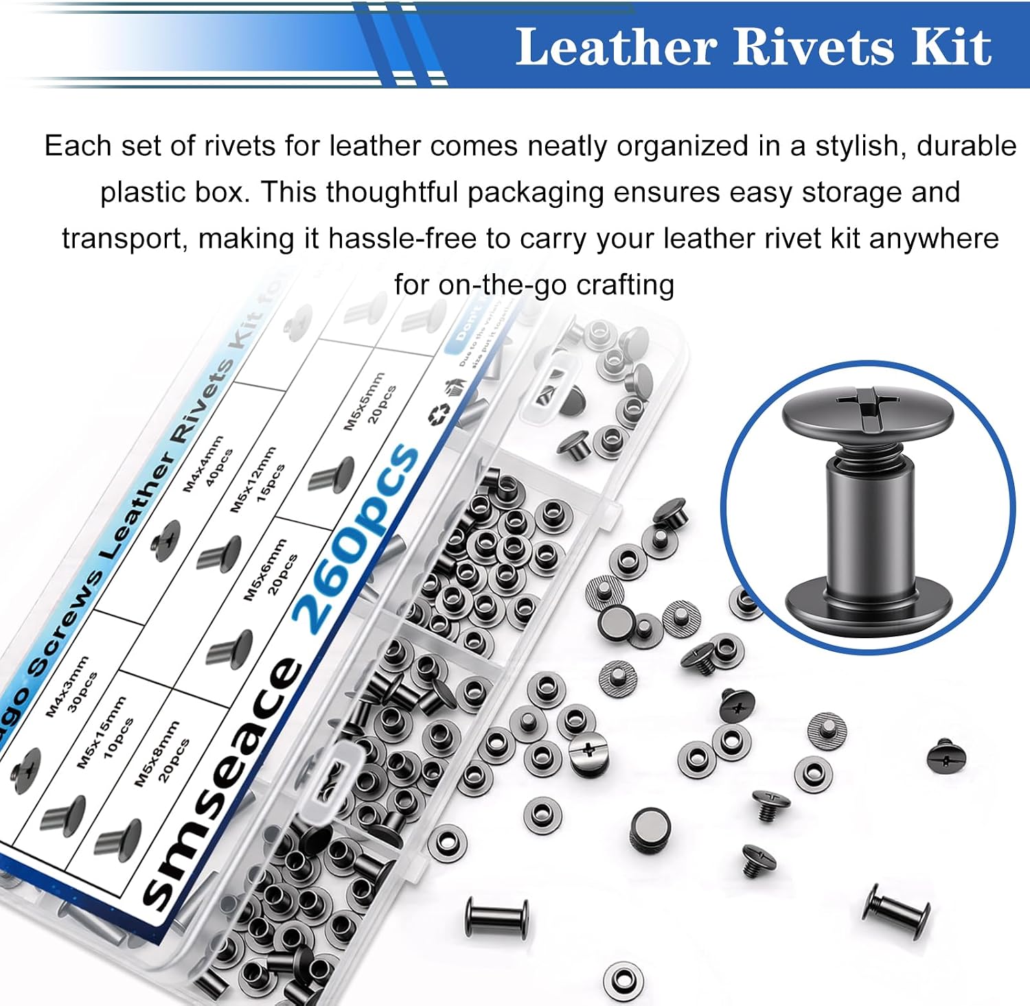 Detalle 1 de smseace 260-Piece Black Chicago Screw Kit, 7 M5 Lengths, Carbon Steel