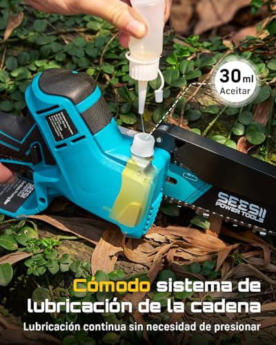 Detalle de SEESII Mini Motosierra 6'' con batería dual y rendimiento sin escobillas