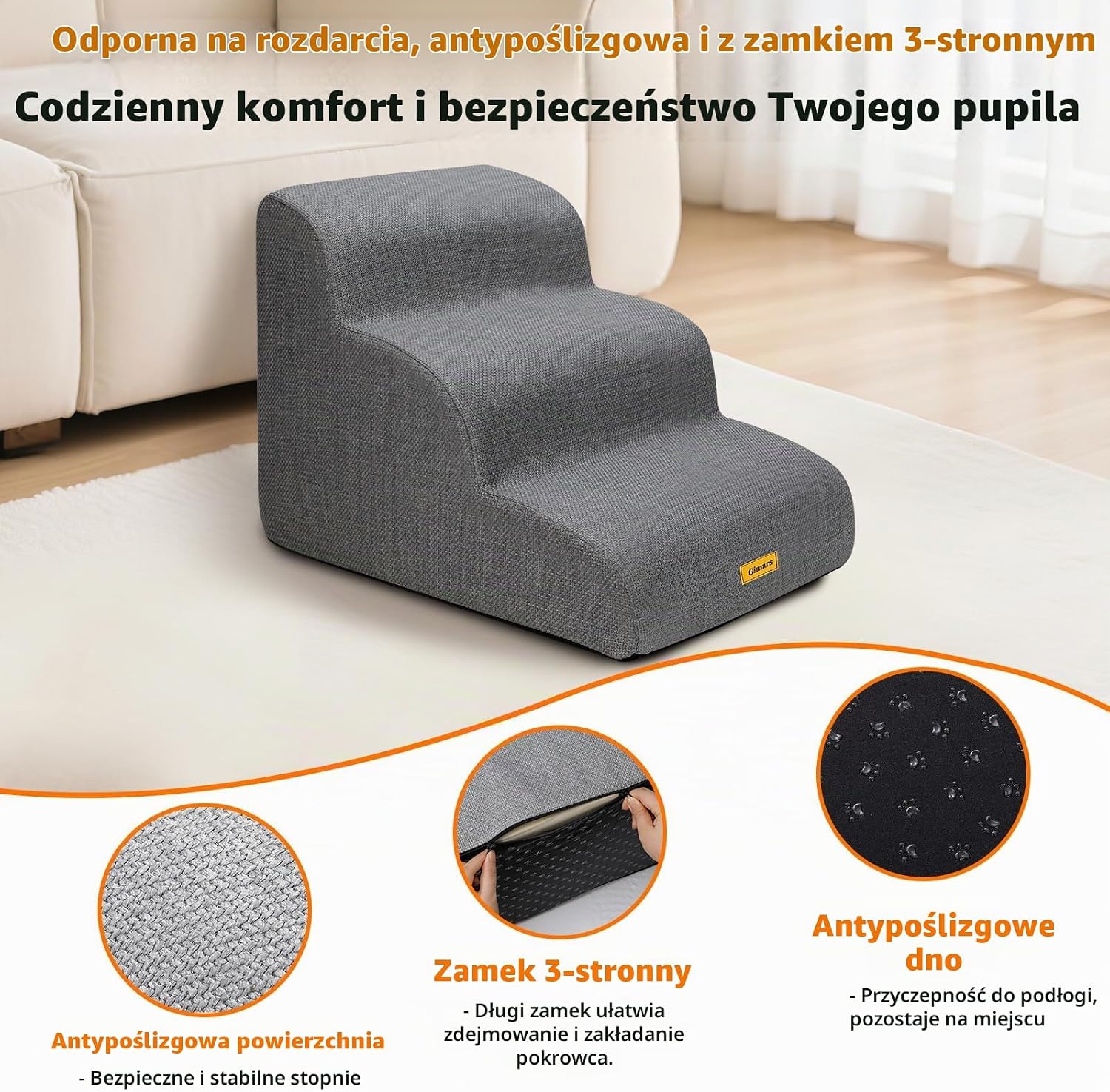 Detalle 2 de Gimars schodki dla psa z pianki 30D, antypoślizgowe, 3-stopniowe