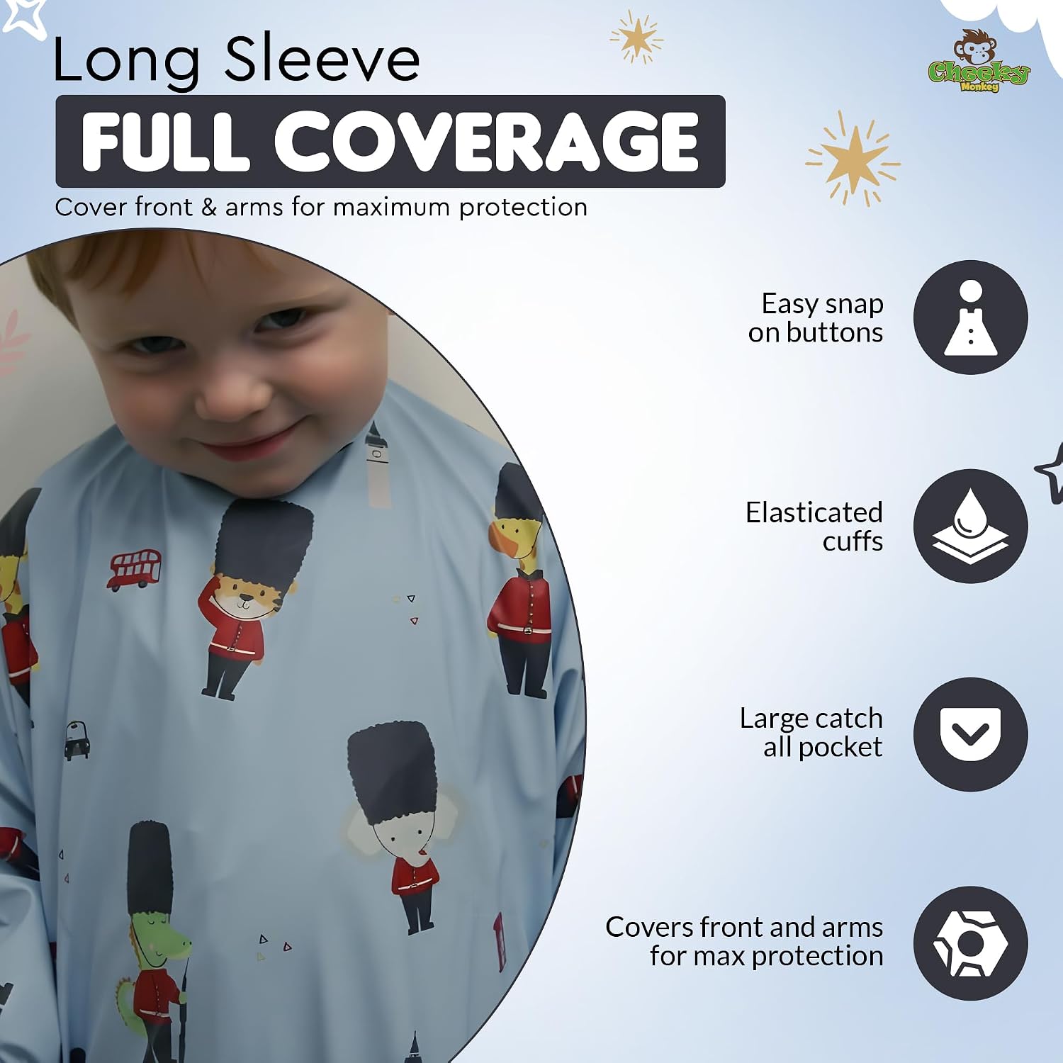 Detalle de Cheeky Monkey Waterproof Long Sleeve Bibs for Weaning (6–24 Months) – BLW Coverall Feeding Bib