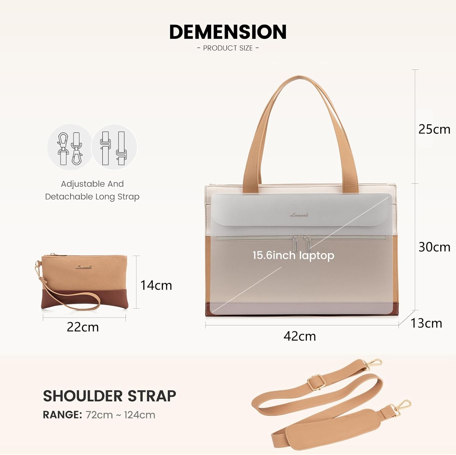 Thumbnail 4 de LOVEVOOK Sac cabas femme grande capacité pour ordinateur portable jusqu’à 15,6 pouces, imperméable, abricot