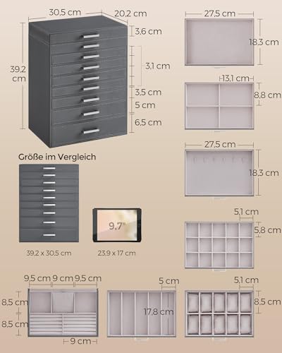 Detalle de SONGMICS Schmuckkästchen JBC008G02 – 8 Ebenen, großer Spiegel, 7 Schubladen, schiefergrau