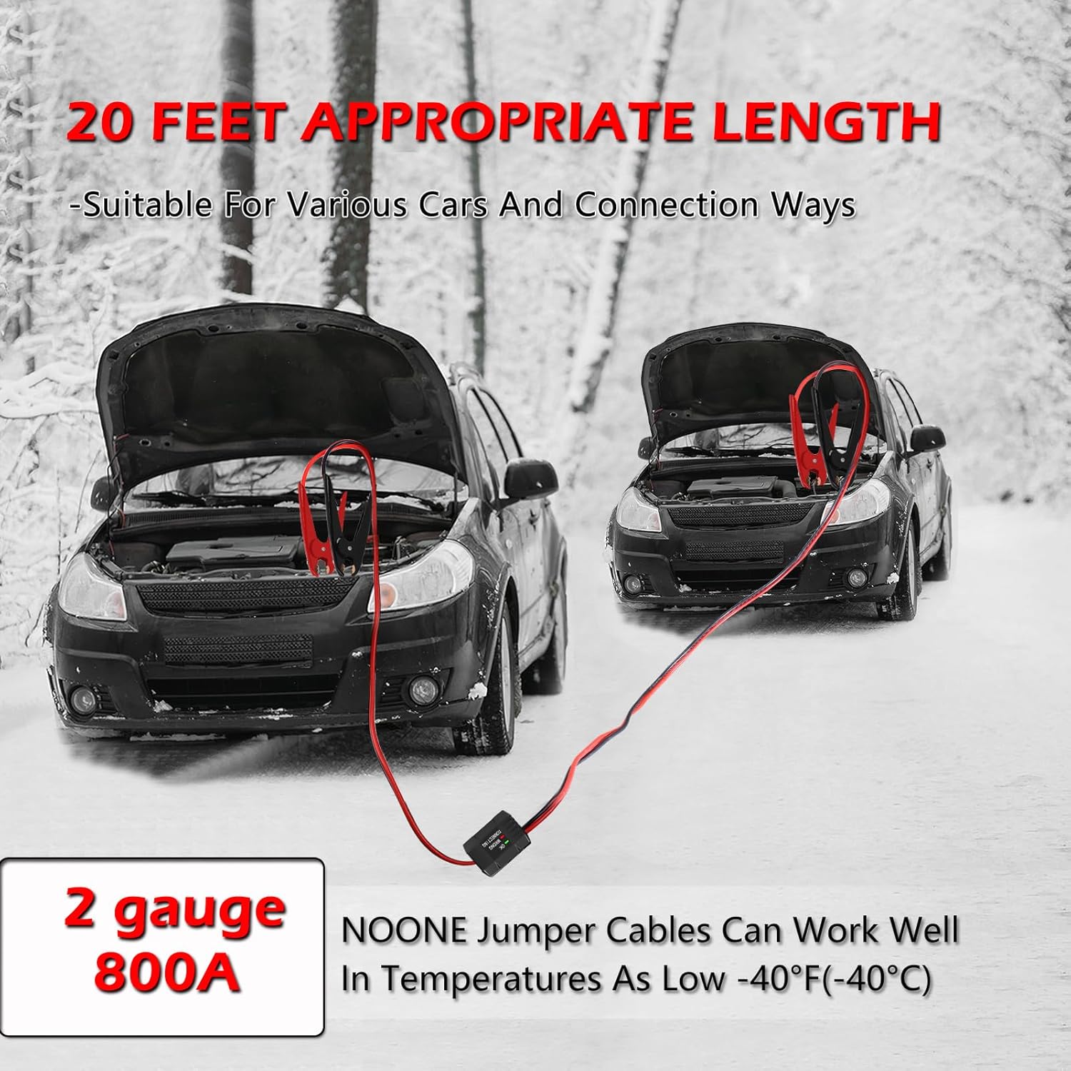 Thumbnail 4 de NOONE 2 Gauge 20FT Heavy-Duty Jumper Cables (800A) with Reverse Polarity Protection for SUVs & Trucks