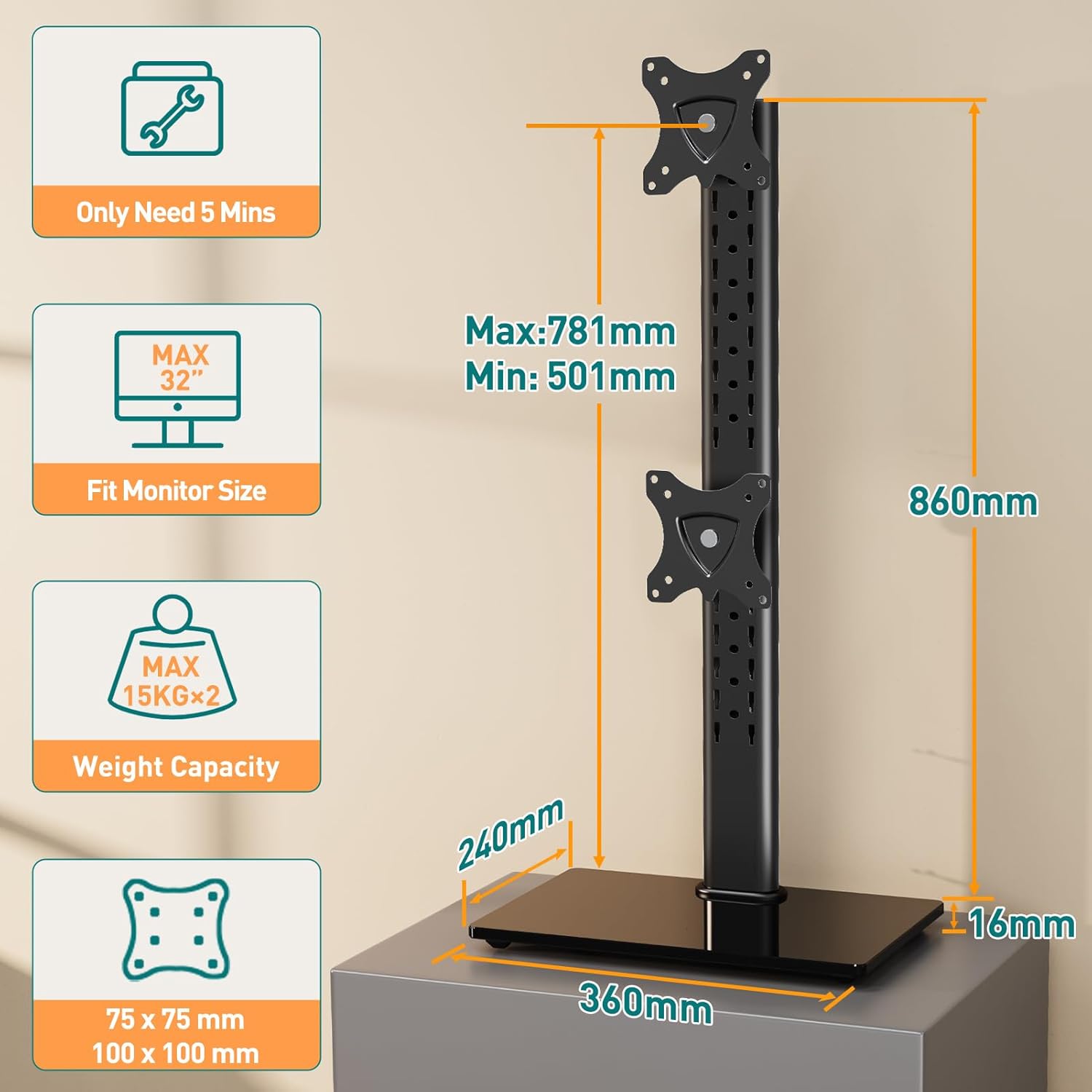 Thumbnail 1 de ELIVED Supporto doppio per monitor da scrivania – braccio verticale 13–32" con VESA 75x75/100x100 mm, 360°, fino a 15 kg per braccio
