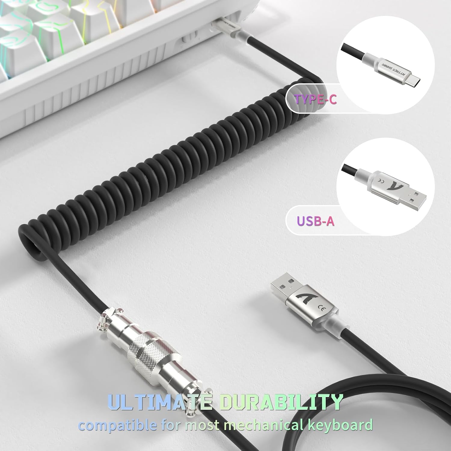 Detalle de ATTACK SHARK C01 ULTRA RGB-Spiralkabel für Gaming-Tastaturen – USB-C auf USB-A, TPU, Aviator-Stecker, Schwarz