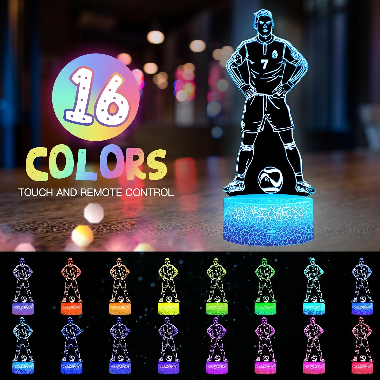 Detalle de Eygerur 2er-Set Ronaldo-Fußballer Nr. 7 Nachtlicht mit 3D-LED-Effekt, Fernbedienung & Touch