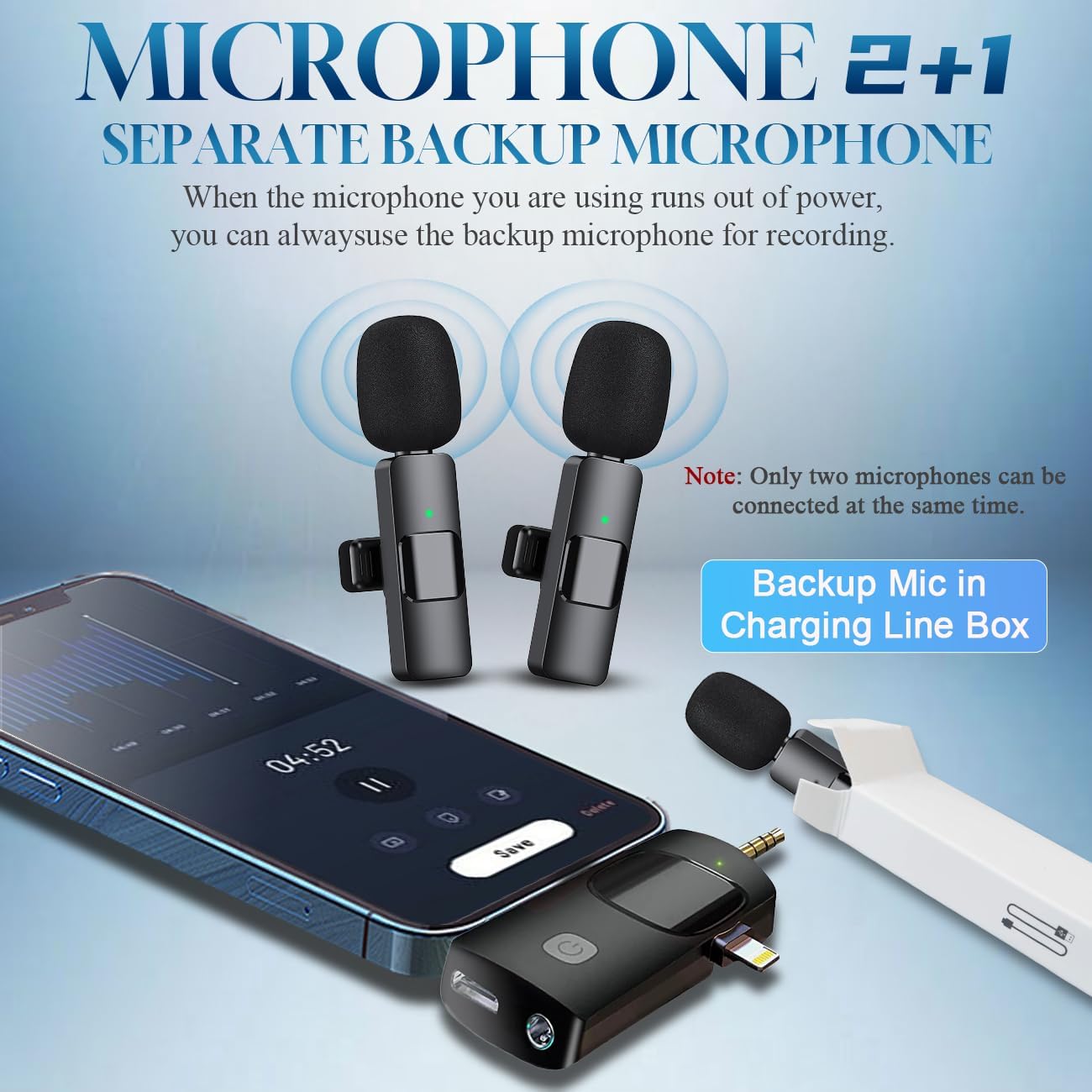Detalle de Akcswo M1 Wireless Lavalier Microphone, 2.4 GHz, Noise Reduction, 3 Mics