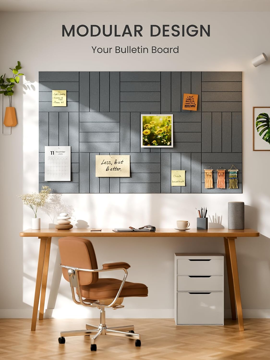 Detalle 2 de Bumusty Large Cork Board Alternative felt tiles (12-pack), 48 x 36in, blue grey with pushpins & adhesive tabs