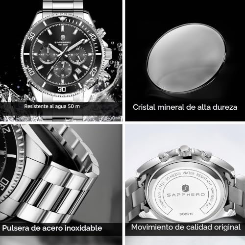 Detalle de SAPPHERO Reloj Cronógrafo para Hombre – 42 mm, Acero Inoxidable, 50M, Cuarzo