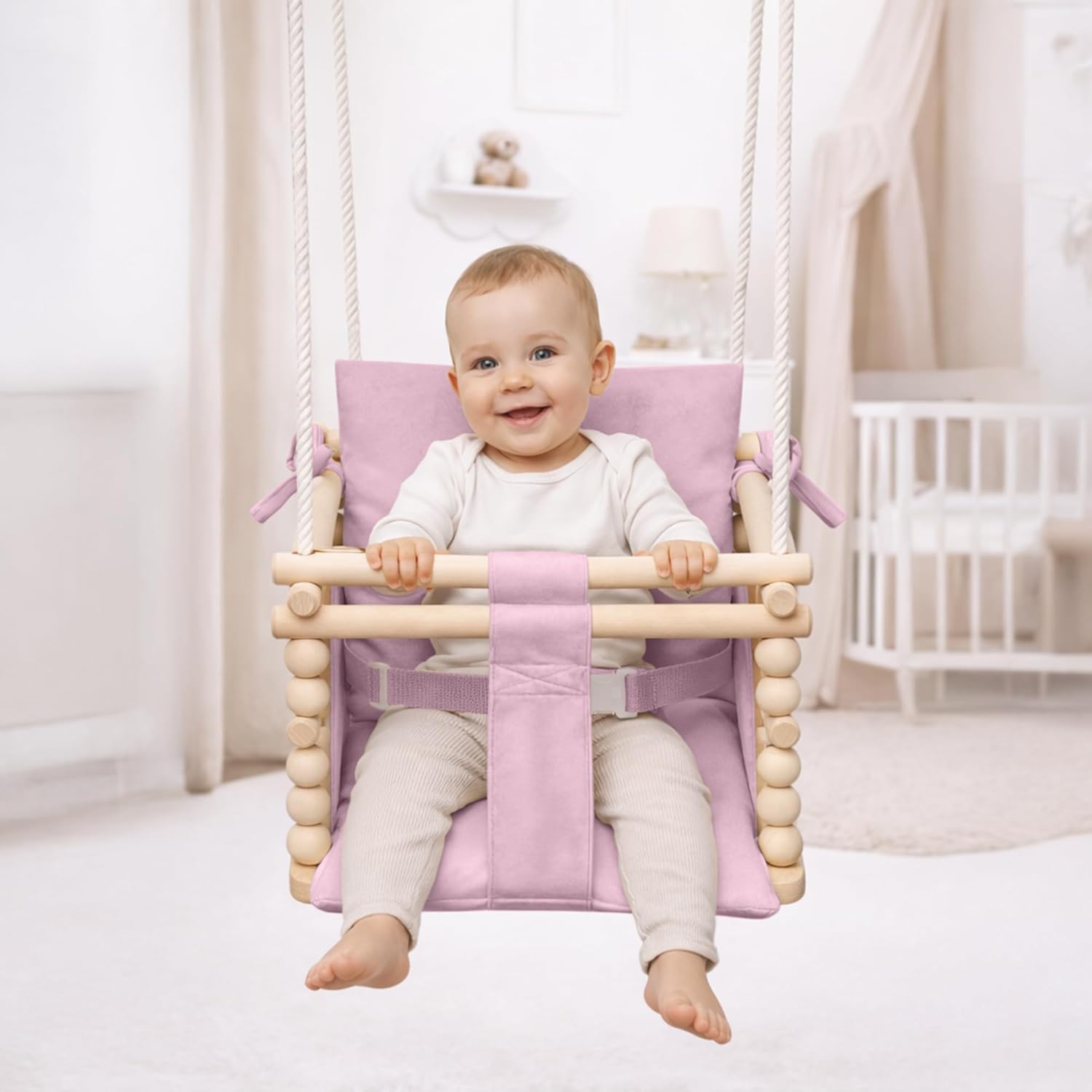 Detalle de MAMOI 3-in-1 Kinderschaukel mit Sicherheitsgurt – höhenverstellbar, Indoor‑Montage, stabile Konstruktion