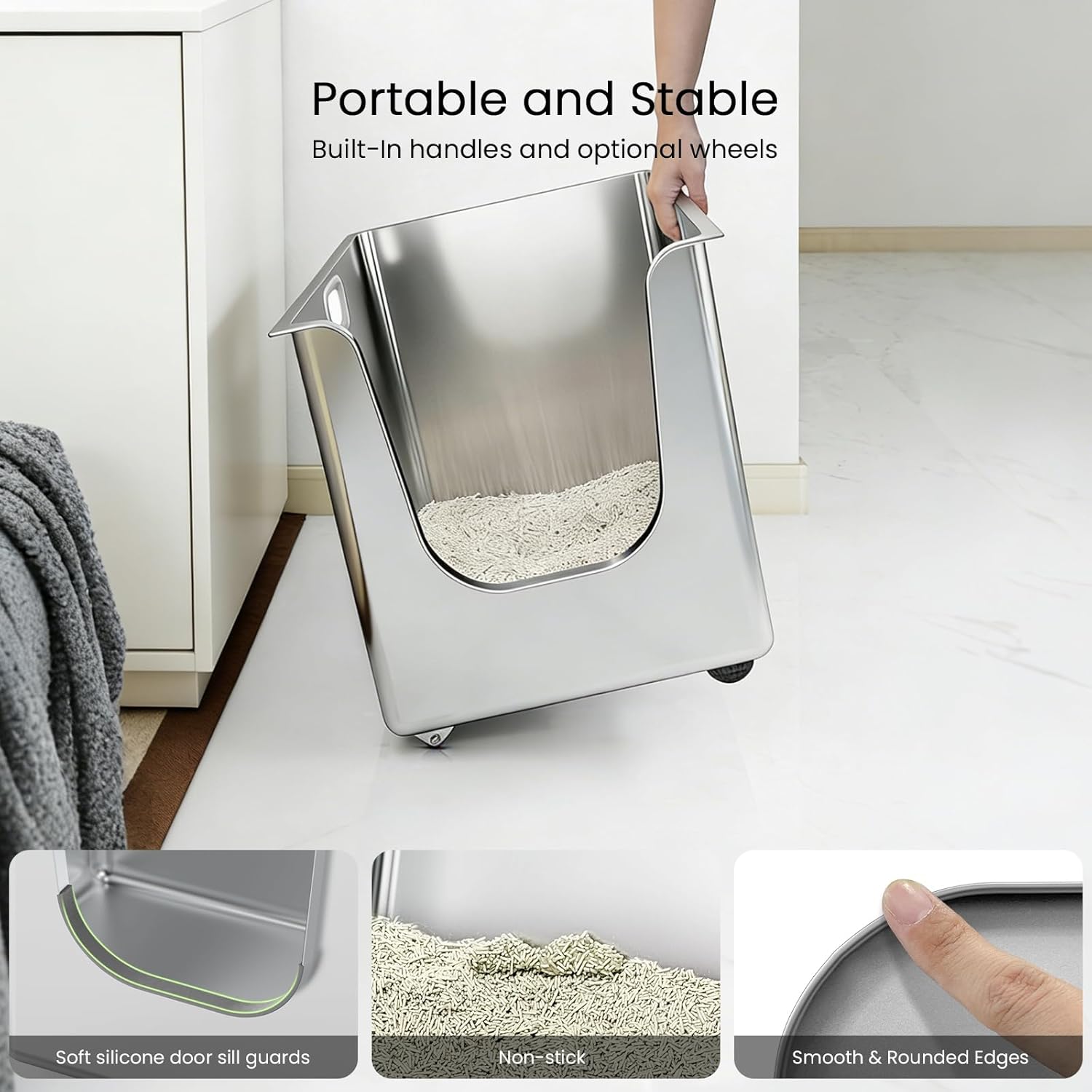 Thumbnail 5 de PTLOM Lebensmittelechtes Edelstahl Katzenklo XXXL mit 35 cm hohen Rändern (35 cm) – auslaufsicher & niedriger Einstieg