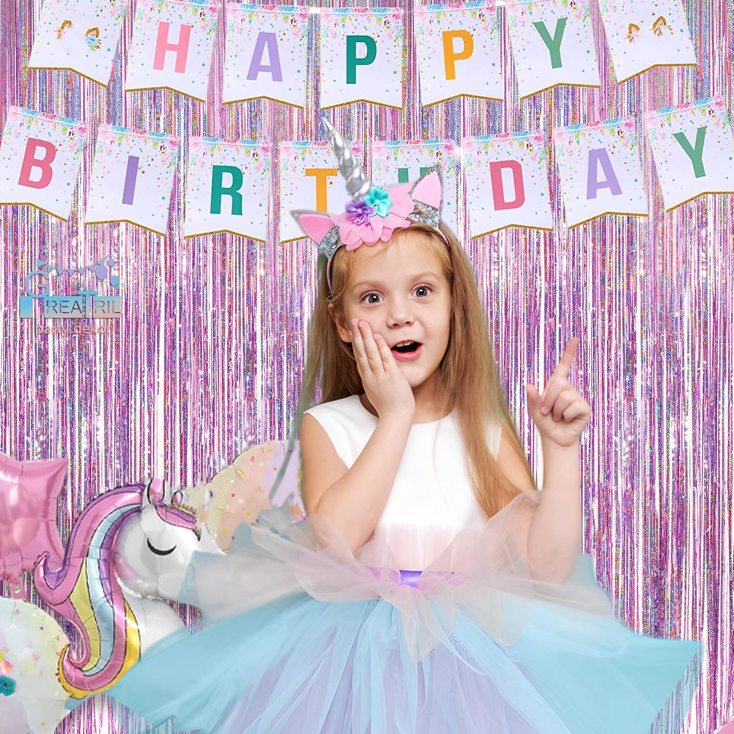 Thumbnail 1 de GREATRIL Lametta Vorhang Rosa Glitzer (2er-Set) – Party-Folienfransen als Deko für Einhorn, Prinzessin & mehr