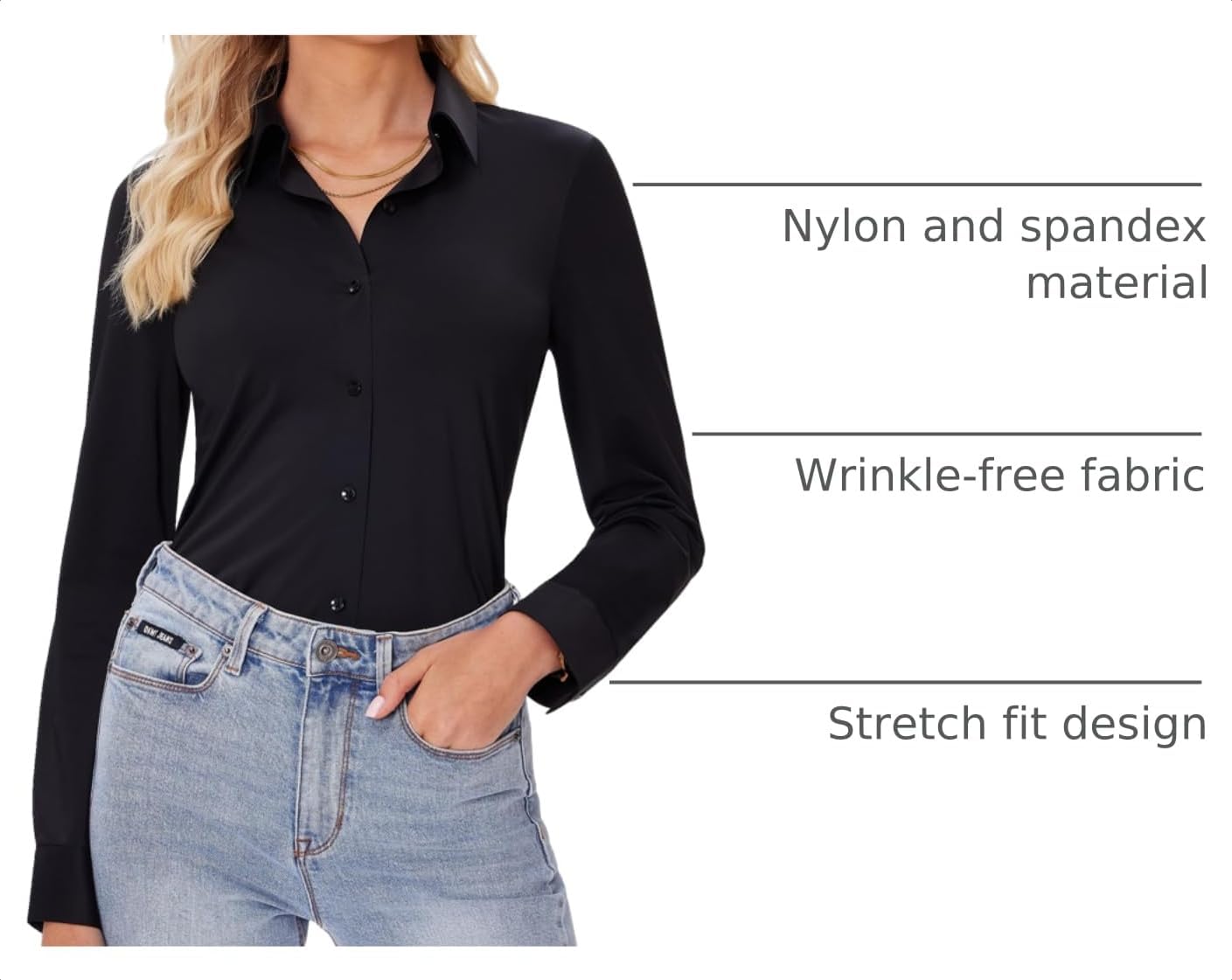 Detalle de siliteelon Women's Slim Fit Button-Down Shirt with Stretch, Long Sleeve