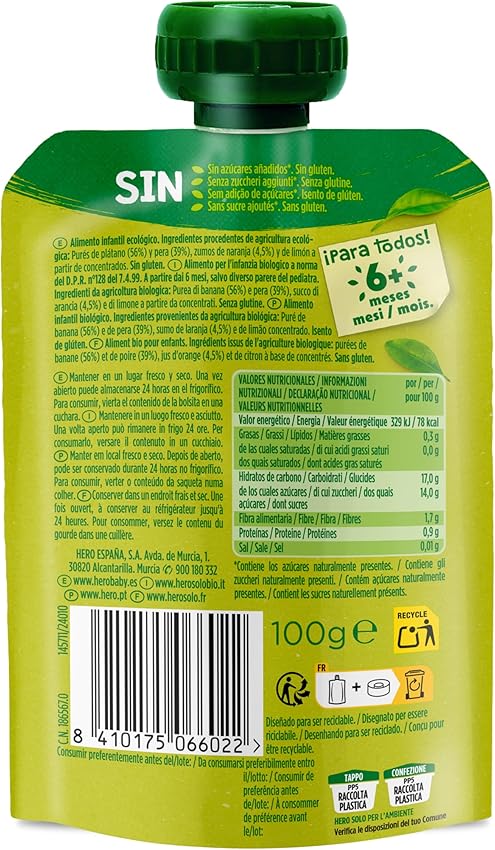 Detalle 2 de Hero Solo - Bolsitas de Fruta Ecológicas 🍌🍐🍊, Sin Aditivos, 18x100g