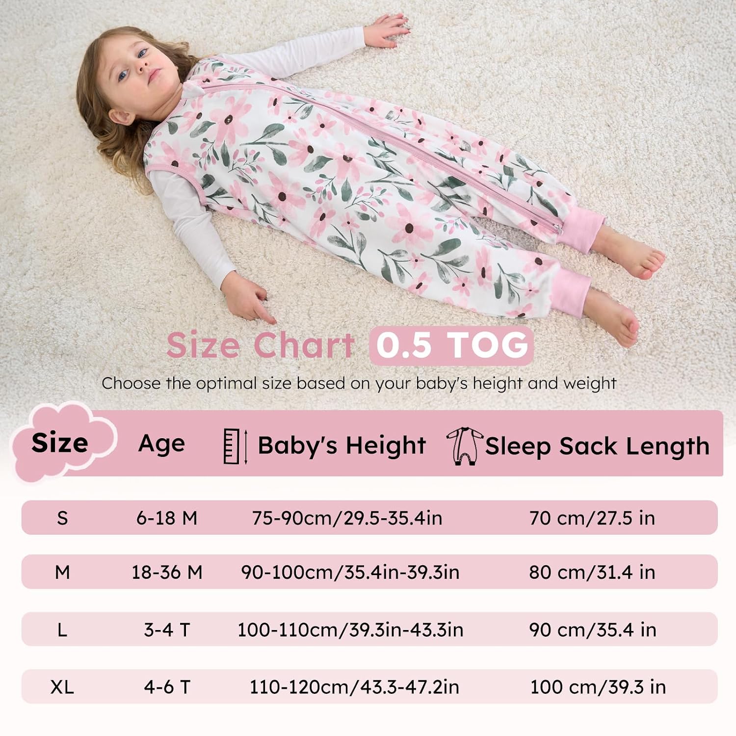 Detalle 2 de Yoofoss 2er Pack Baby Schlafsack mit Füßen 0.5 Tog – 100% Baumwolle, Größe 70 cm, rosa Blume