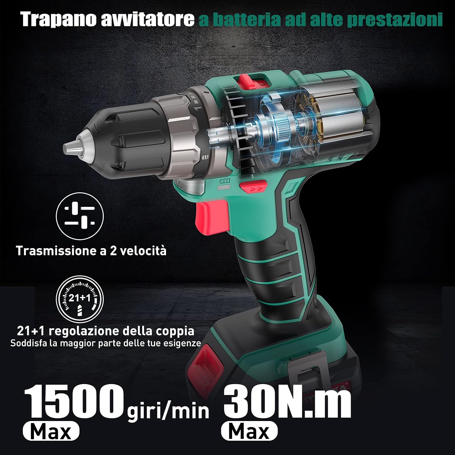 Detalle 2 de HYCHIKA Trapano Avvitatore a Batteria 12V con Kit 104 pezzi – Attrezzi fai da te
